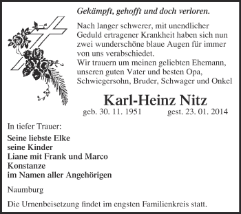 Traueranzeige von Karl-Heinz Nitz von WVG - Wochenspiegel NMB / WSF / ZTZ