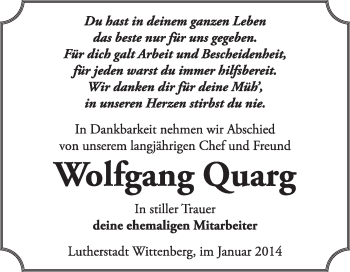 Traueranzeige von Wolfgang Quarg von Super Sonntag Wittenberg