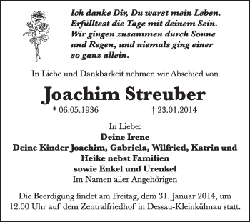 Traueranzeige von Joachim Streuber von Super Sonntag Dessau / Köthen