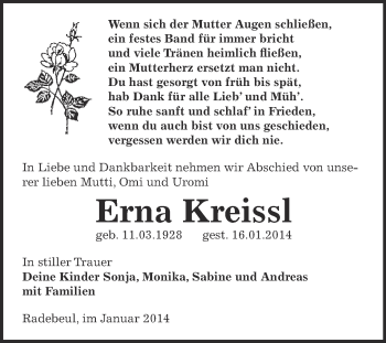 Traueranzeige von Erna Kreissl von WVG - Wochenspiegel Bitterfeld