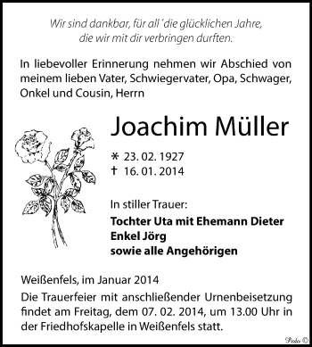 Traueranzeige von Joachim Müller von WVG - Wochenspiegel NMB / WSF / ZTZ