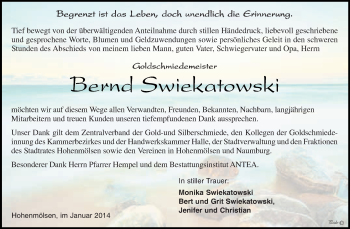 Traueranzeige von Bernd Swiekatowski von WVG - Wochenspiegel NMB / WSF / ZTZ