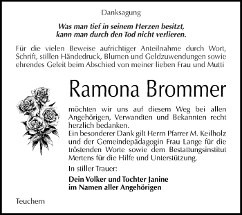 Traueranzeige von Ramona Brommer von WVG - Wochenspiegel NMB / WSF / ZTZ