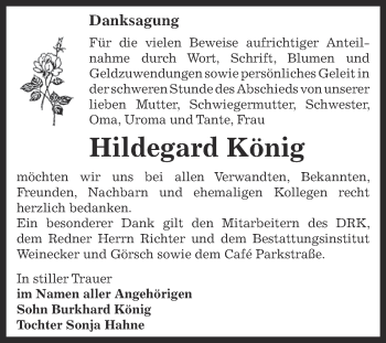 Traueranzeige von Hildegard König von Super Sonntag Bernburg