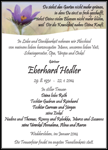 Traueranzeige von Eberhard Hedler von Super Sonntag Aschersleben