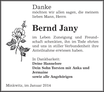 Traueranzeige von Bernd Jany von Super Sonntag Zeitz