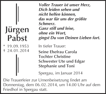 Traueranzeige von Jürgen Pabst von Super Sonntag Merseburg
