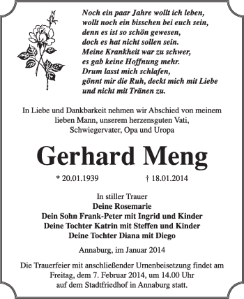 Traueranzeige von Gerhard Meng von Super Sonntag Wittenberg