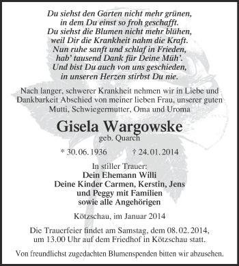 Traueranzeige von Gisela Wargowske von Super Sonntag Merseburg