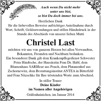 Traueranzeige von Christel Last von Super Sonntag Wittenberg
