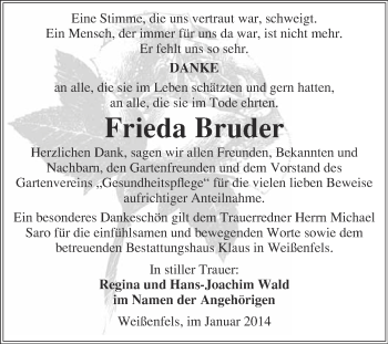 Traueranzeige von Frieda Bruder von WVG - Wochenspiegel NMB / WSF / ZTZ