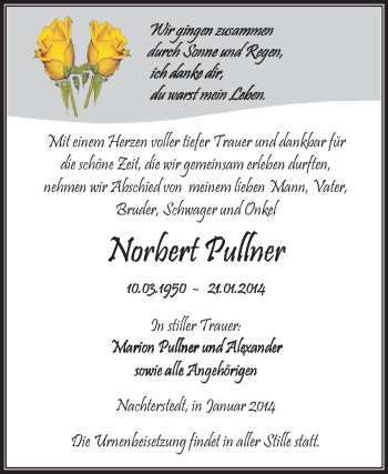 Traueranzeige von Norbert Pullner von Super Sonntag Aschersleben