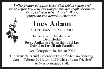 Traueranzeige von Ines Adam von Super Sonntag Aschersleben