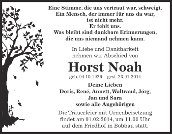 Traueranzeige von Horst Noah von WVG - Wochenspiegel Bitterfeld