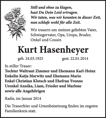 Traueranzeige von Kurt Hasenheyer von WVG - Wochenspiegel Wittenberg