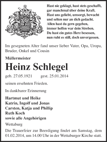 Traueranzeige von Heinz Schlegel von WVG - Wochenspiegel NMB / WSF / ZTZ