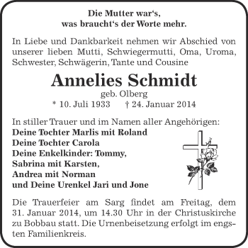 Traueranzeige von Annelies Schmidt von WVG - Wochenspiegel Bitterfeld