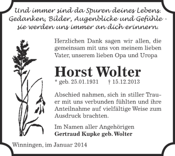 Traueranzeige von Horst Wolter von WVG - Wochenspiegel Aschersleben