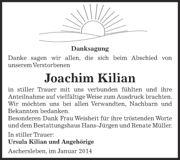 Traueranzeige von Joachim Kilian von WVG - Wochenspiegel Aschersleben