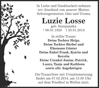Traueranzeige von Luzie Losse von WVG - Wochenspiegel Bitterfeld