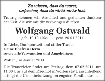 Traueranzeige von Wolfgang Ostwald von WVG - Wochenspiegel Bitterfeld