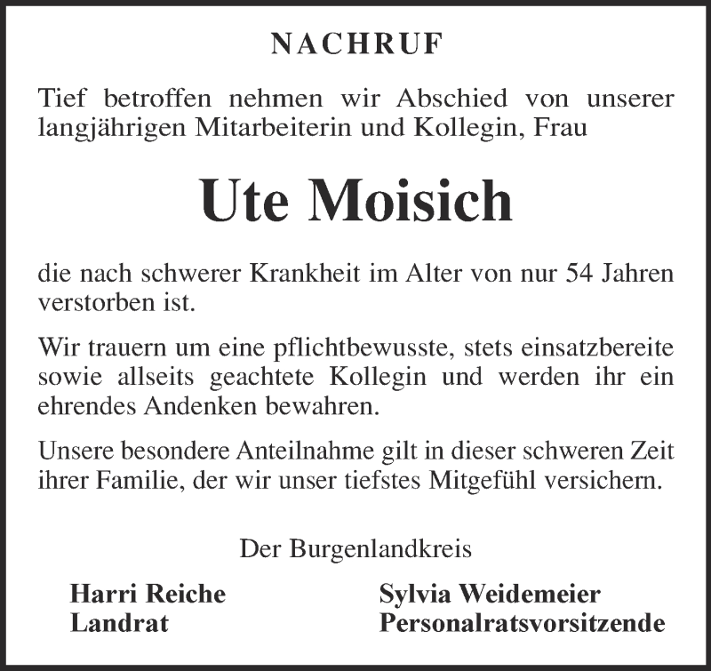  Traueranzeige für Ute Moisich vom 29.01.2014 aus WVG - Wochenspiegel NMB / WSF / ZTZ