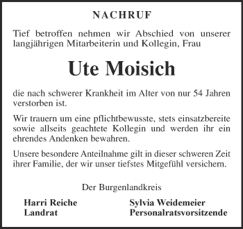 Traueranzeige von Ute Moisich von WVG - Wochenspiegel NMB / WSF / ZTZ