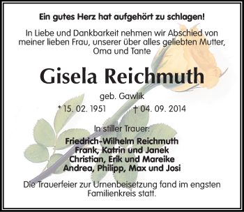 Traueranzeige von Gisela Reichmuth von Mitteldeutsche Zeitung Halle/Saalkreis