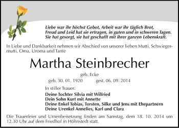 Traueranzeige von Martha Steinbrecher von Mitteldeutsche Zeitung Halle/Saalkreis