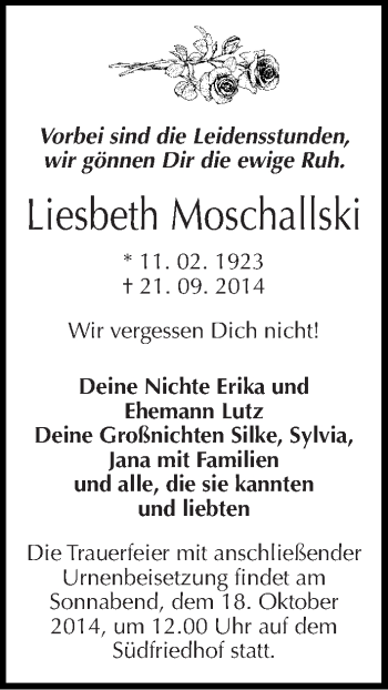 Traueranzeige von Liesbeth Moschallski von Mitteldeutsche Zeitung Halle/Saalkreis