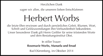 Traueranzeige von Herbert Worbs von Mitteldeutsche Zeitung Merseburg/Querfurt