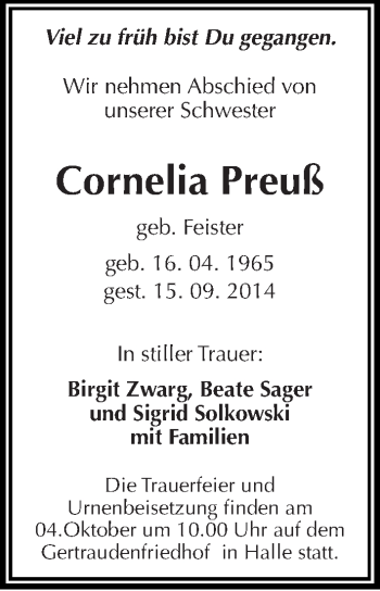 Traueranzeige von Cornelia Preuß von Mitteldeutsche Zeitung Halle/Saalkreis