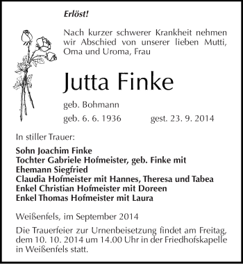 Traueranzeige von Jutta Finke von Mitteldeutsche Zeitung Weißenfels