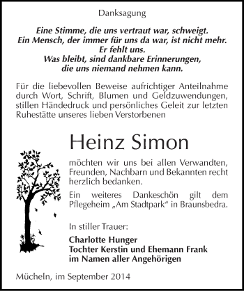 Traueranzeige von Heinz Simon von Mitteldeutsche Zeitung Merseburg/Querfurt