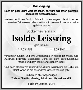 Traueranzeige von Isolde Leissring von Mitteldeutsche Zeitung Halle/Saalkreis