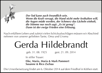 Traueranzeige von Gerda Hildebrandt von Mitteldeutsche Zeitung Köthen