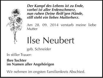 Traueranzeige von Ilse Neubert von Mitteldeutsche Zeitung Naumburg/Nebra