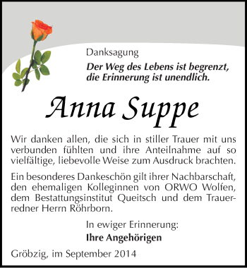 Traueranzeige von Anna Suppe von Mitteldeutsche Zeitung Köthen