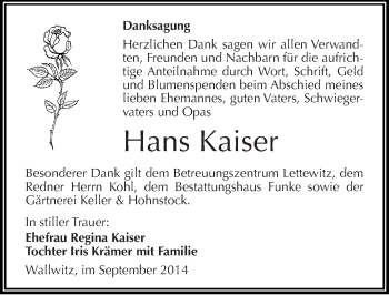Traueranzeige von Hans Kaiser von Mitteldeutsche Zeitung Halle/Saalkreis