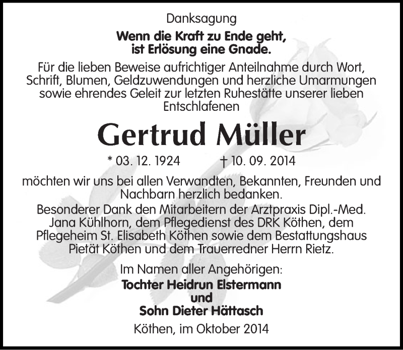  Traueranzeige für Gertrud Müller vom 02.10.2014 aus Mitteldeutsche Zeitung Köthen