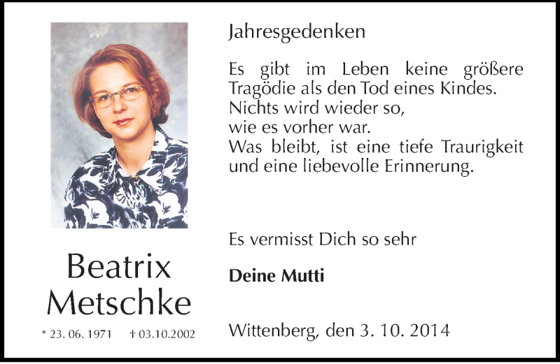  Traueranzeige für Beatrix Metschke vom 04.10.2014 aus Mitteldeutsche Zeitung Wittenberg