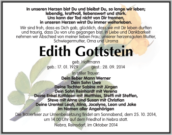 Traueranzeige von Edith Gottstein von Mitteldeutsche Zeitung Naumburg/Nebra