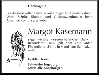 Traueranzeige von Margot Kasemann von Mitteldeutsche Zeitung Mansfelder Land