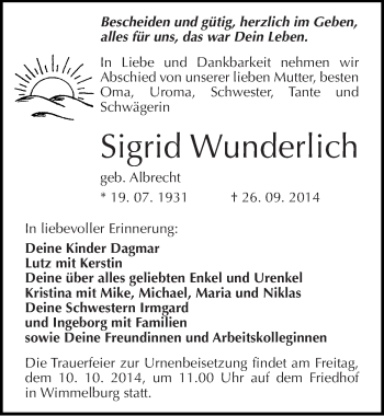 Traueranzeige von Sigrid Wunderlich von Mitteldeutsche Zeitung Mansfelder Land