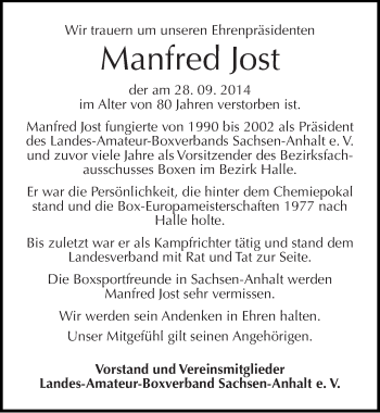 Traueranzeige von Manfred Jost von Mitteldeutsche Zeitung Halle/Saalkreis
