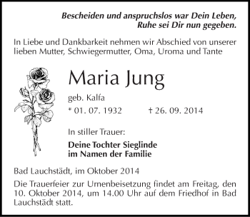 Traueranzeige von Maria Jung von Mitteldeutsche Zeitung Merseburg/Querfurt