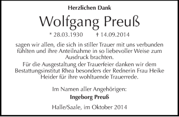 Traueranzeige von Wolfgang Preuß von Mitteldeutsche Zeitung Halle/Saalkreis