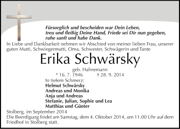 Traueranzeige von Erika Schwärsky von Mitteldeutsche Zeitung Sangerhausen