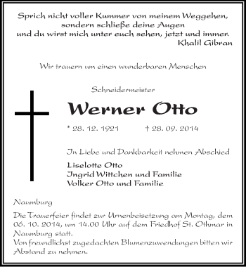 Traueranzeige von Werner Otto von Mitteldeutsche Zeitung Naumburg/Nebra