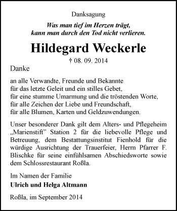 Traueranzeige von Hildegard Weckerle von Mitteldeutsche Zeitung Sangerhausen